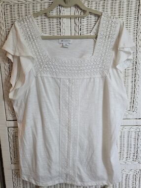 Liz Claiborne White Crochet-Detail Square Neck Blouse